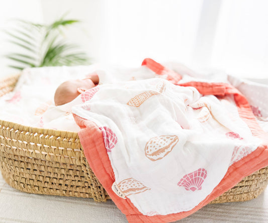 Coca + B Boho Beach Seashell Print Organic Bamboo Muslin Blanket