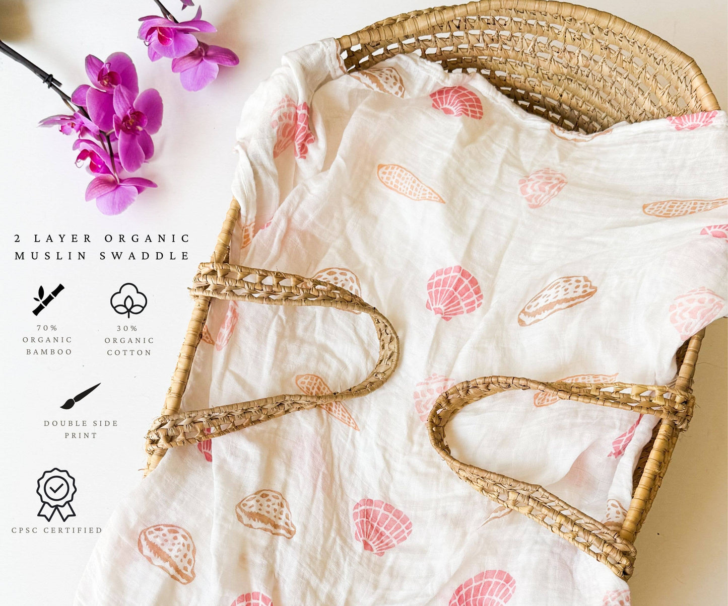 Seashell Print Organic Bamboo Swaddle - Beach Nursery Gift