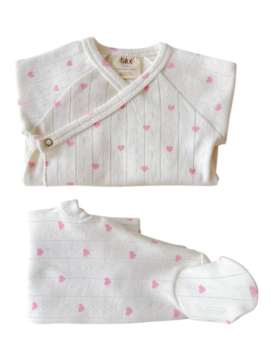 White with Pink Heart Organic Pointelle Newborn Set