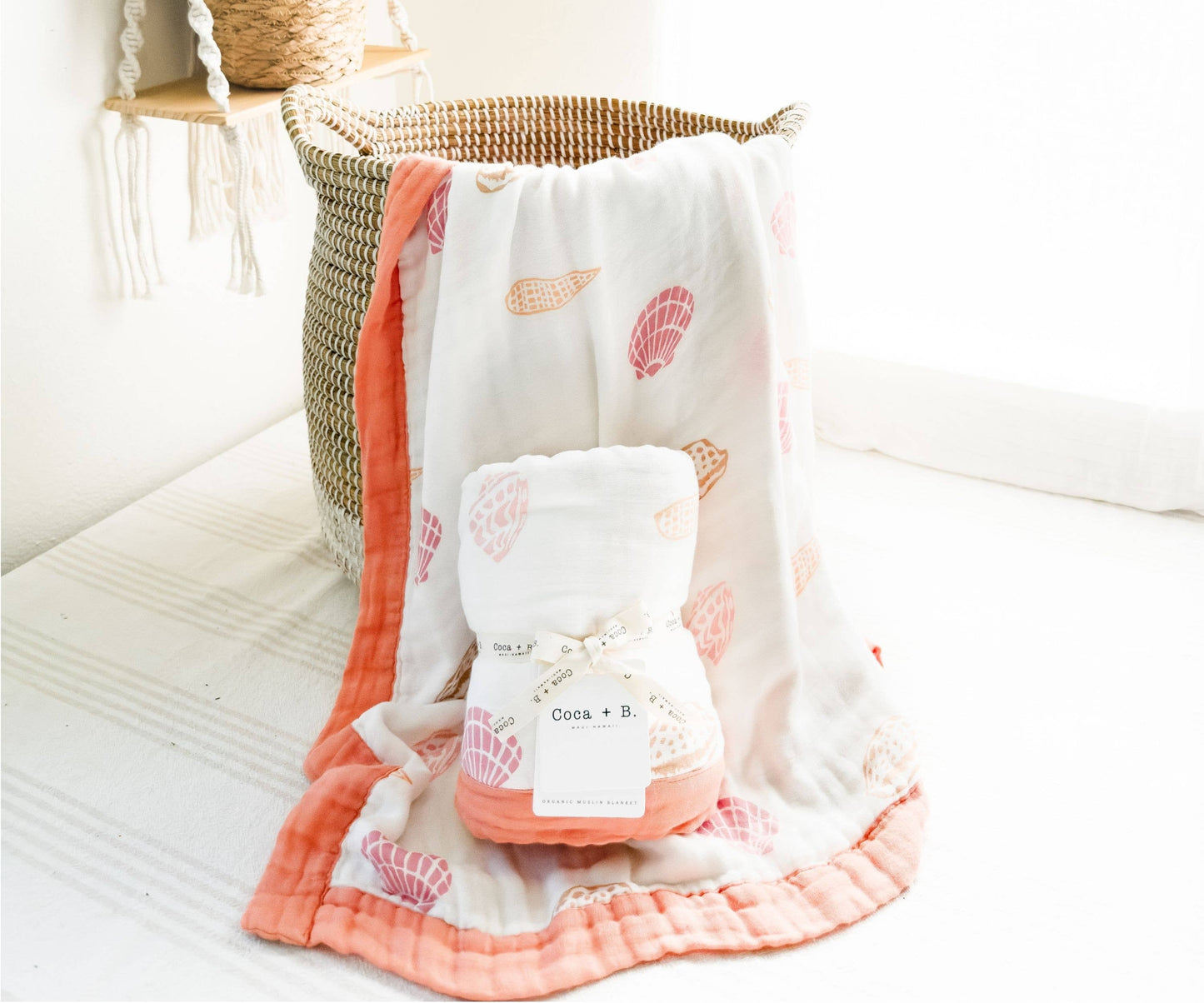 Coca + B Boho Beach Seashell Print Organic Bamboo Muslin Blanket