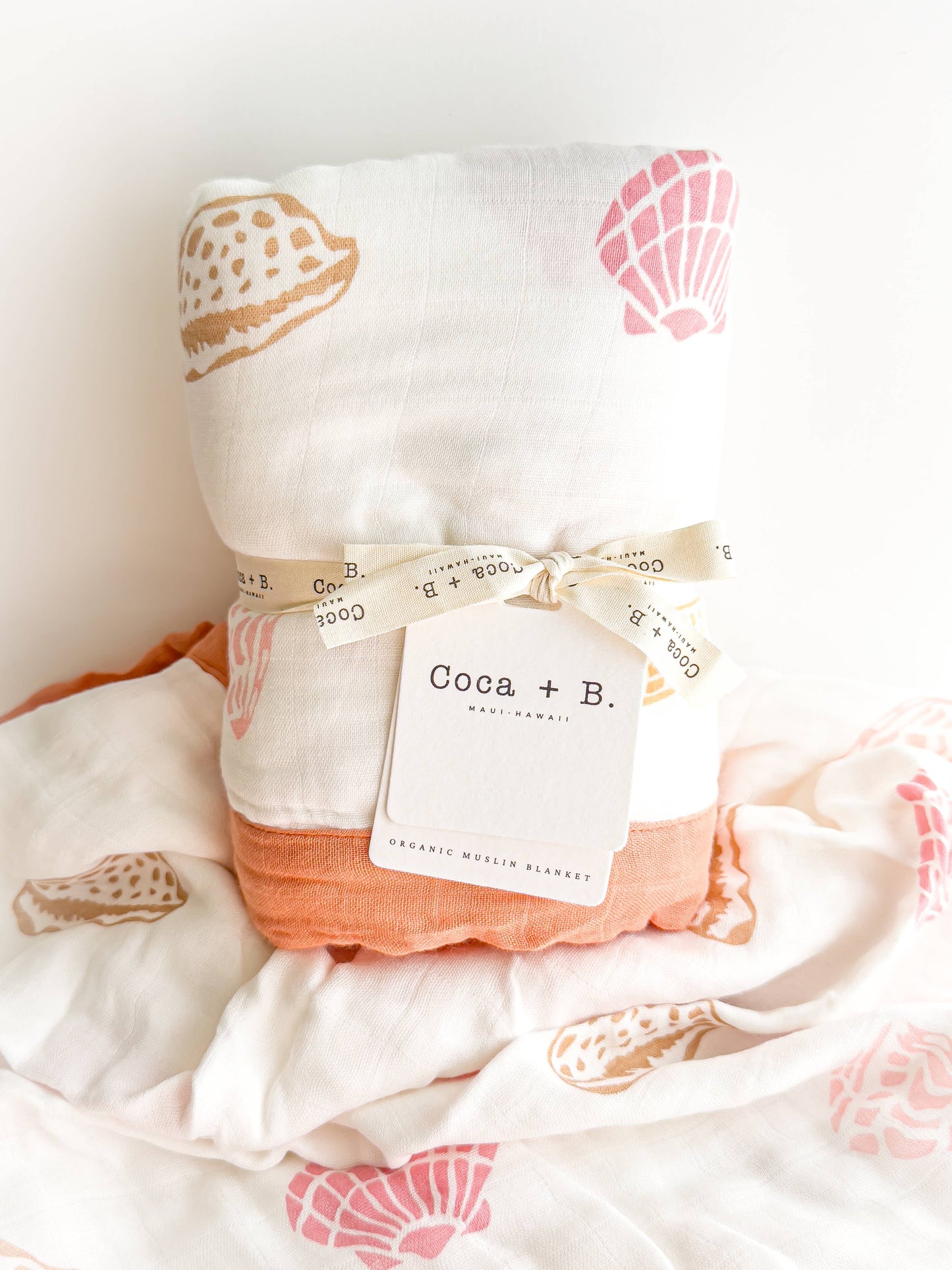 Coca + B Boho Beach Seashell Print Organic Bamboo Muslin Blanket