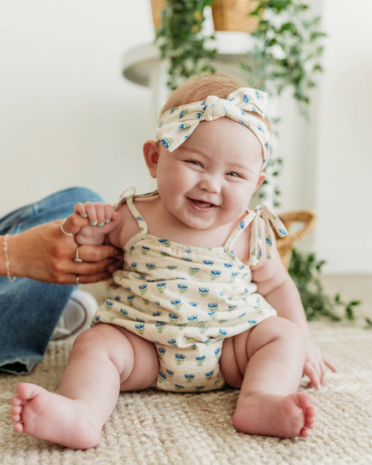 Jaipur Linen Blend Bubble Romper + Headband: Blue Floral
