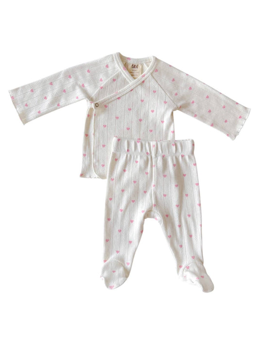 White with Pink Heart Organic Pointelle Newborn Set