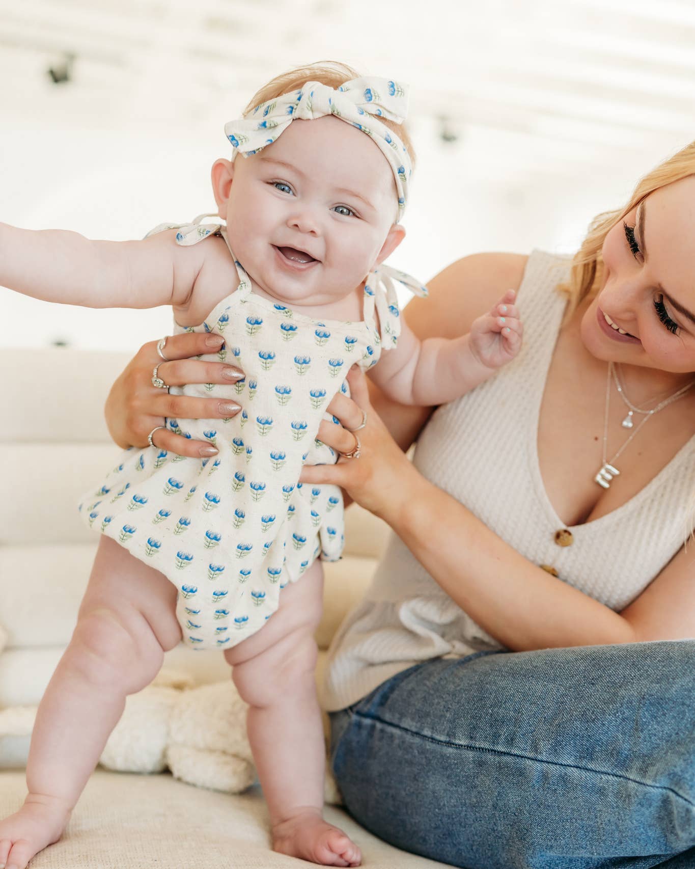 Jaipur Linen Blend Bubble Romper + Headband: Blue Floral