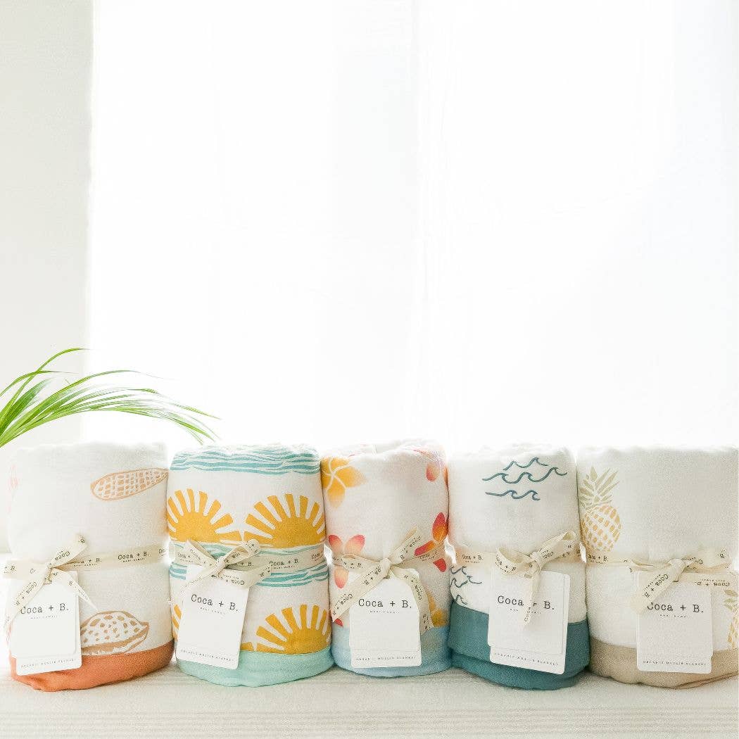 Coca + B Boho Beach Seashell Print Organic Bamboo Muslin Blanket