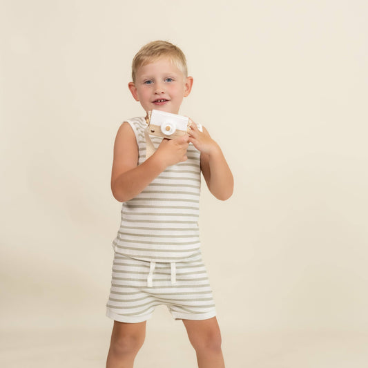 Sage Stripes Organic Tank & Tee Shorts Set