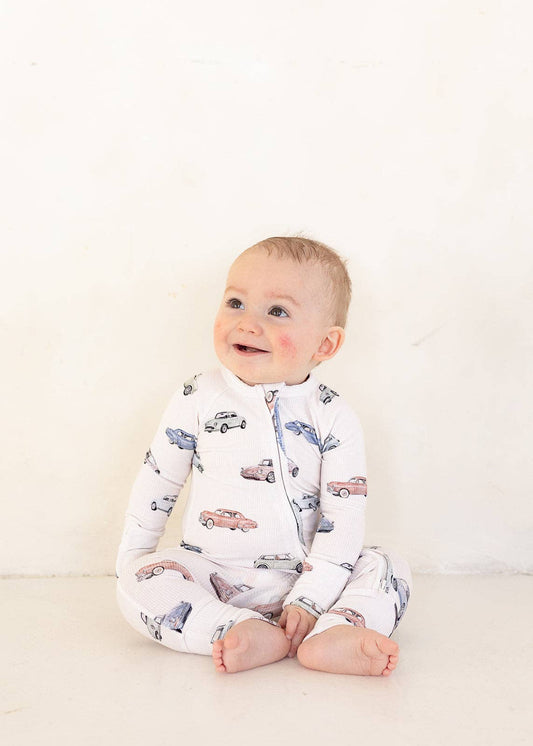 Vintage Cars Ribbed Bamboo Zip Pajamas