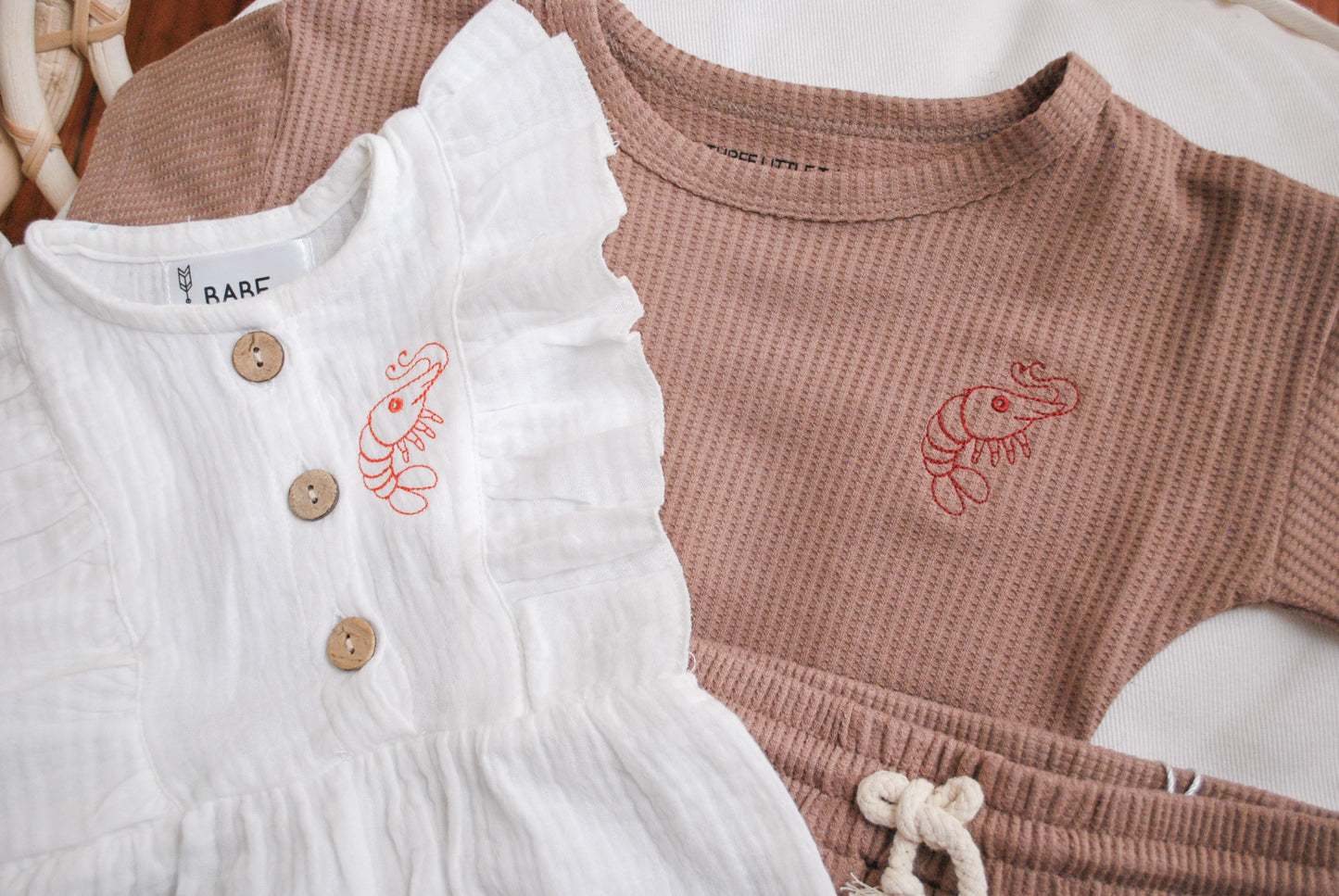 Shrimp Embroidered Waffle Toddler Top & Bottom Set
