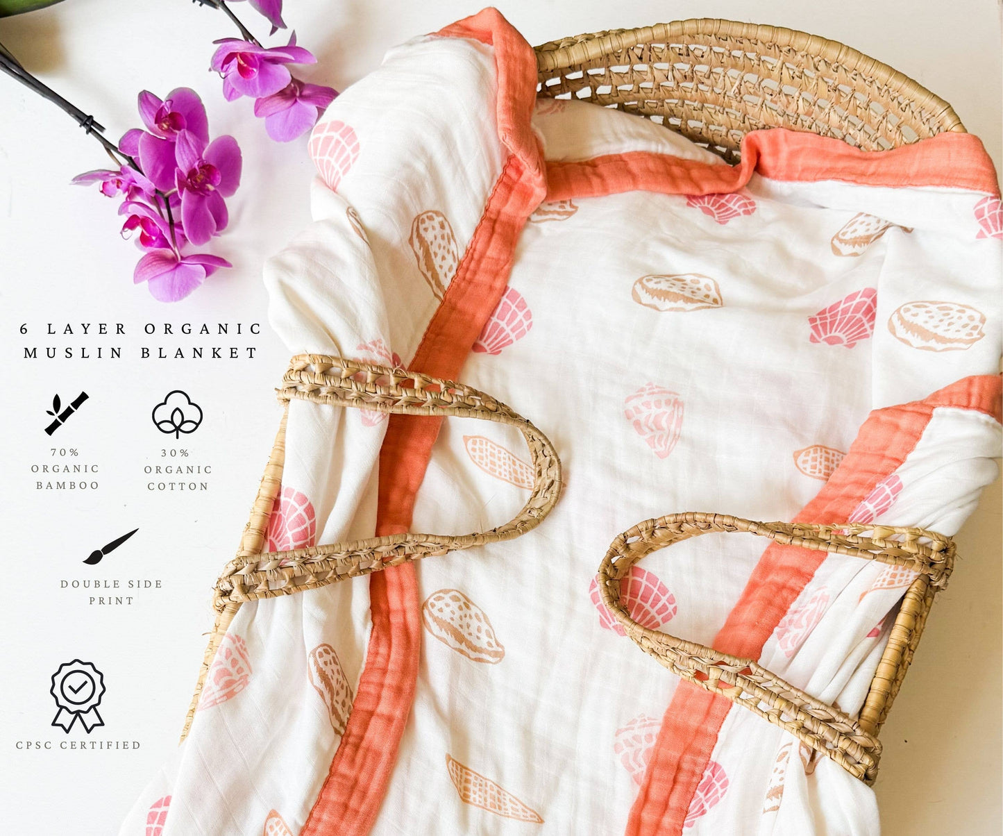 Coca + B Boho Beach Seashell Print Organic Bamboo Muslin Blanket