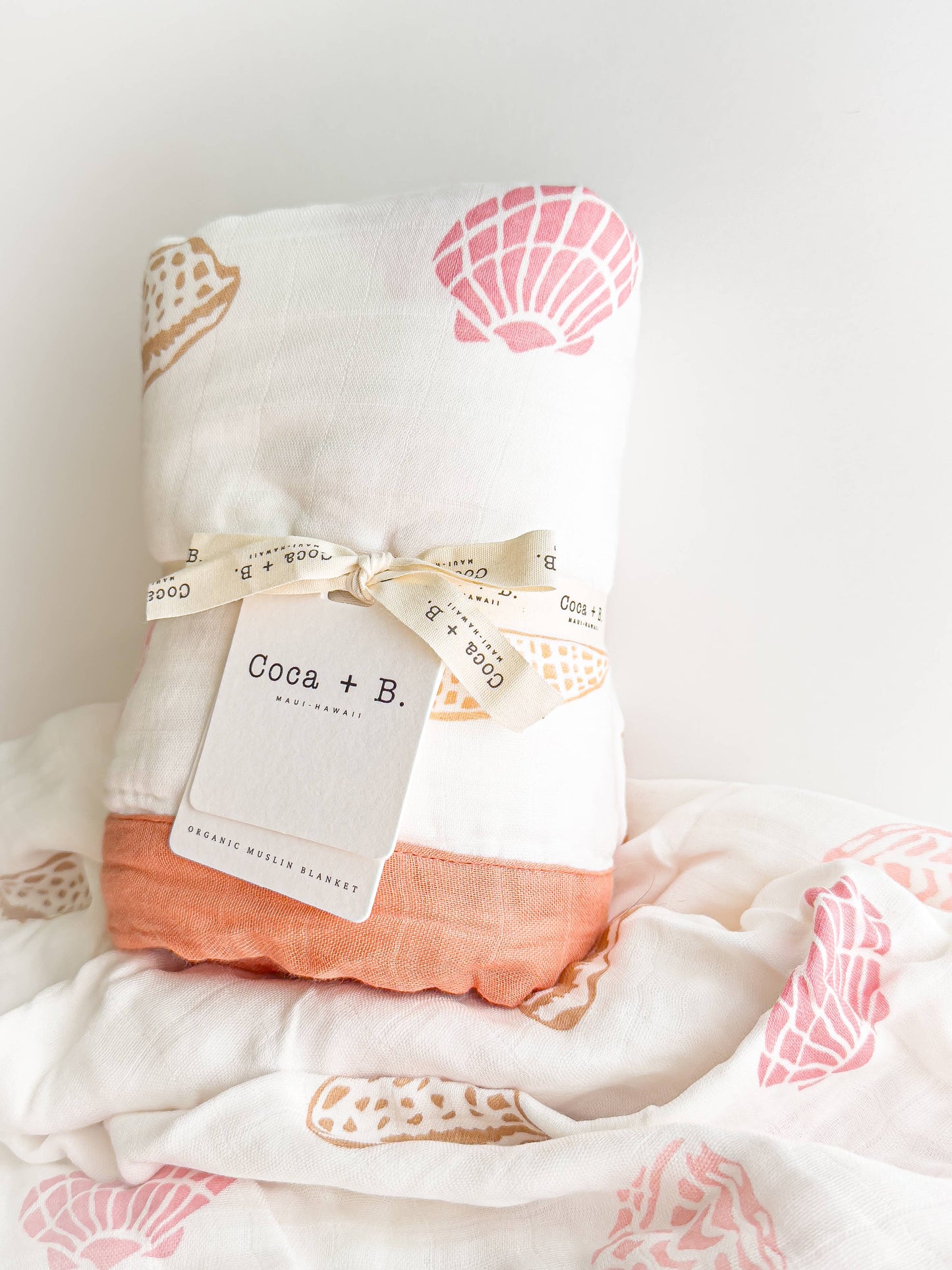 Coca + B Boho Beach Seashell Print Organic Bamboo Muslin Blanket