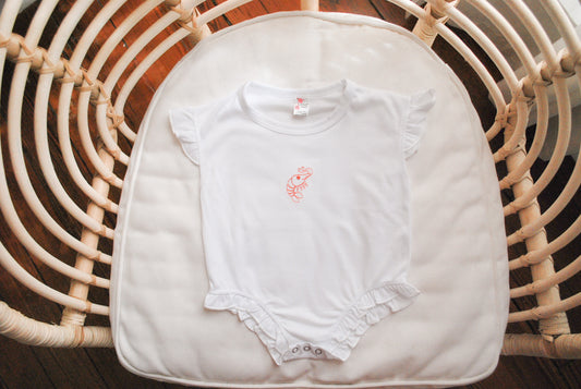Shrimp Embroidered Flutter Sleeve Ruffle Bubble Romper