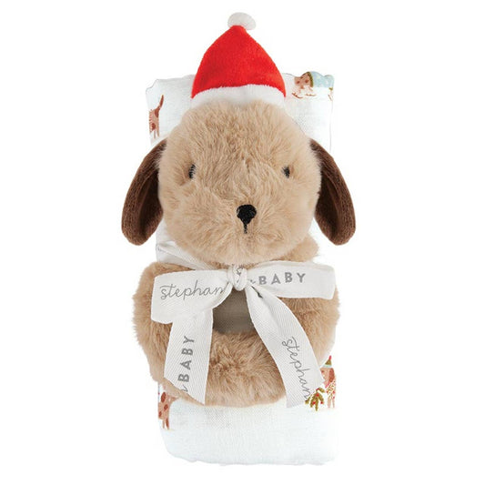 Puppy Swaddle Blanket with Plush Rattle