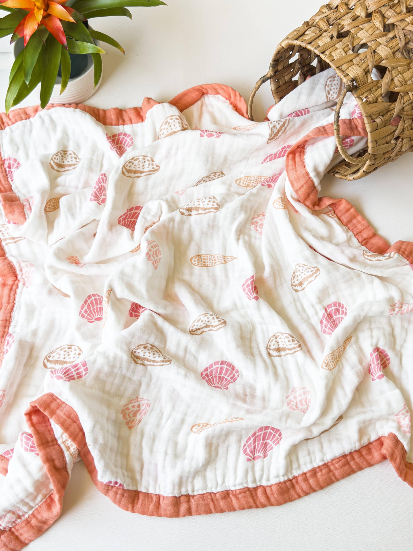 Coca + B Boho Beach Seashell Print Organic Bamboo Muslin Blanket