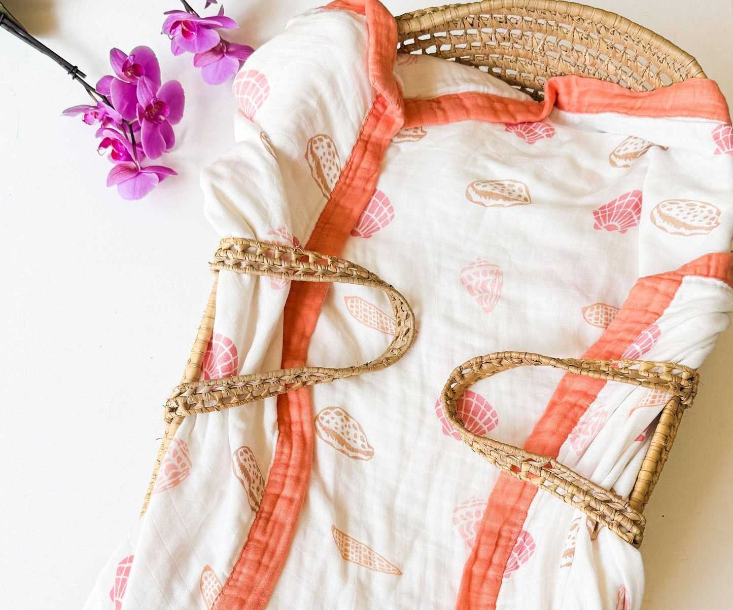Coca + B Boho Beach Seashell Print Organic Bamboo Muslin Blanket