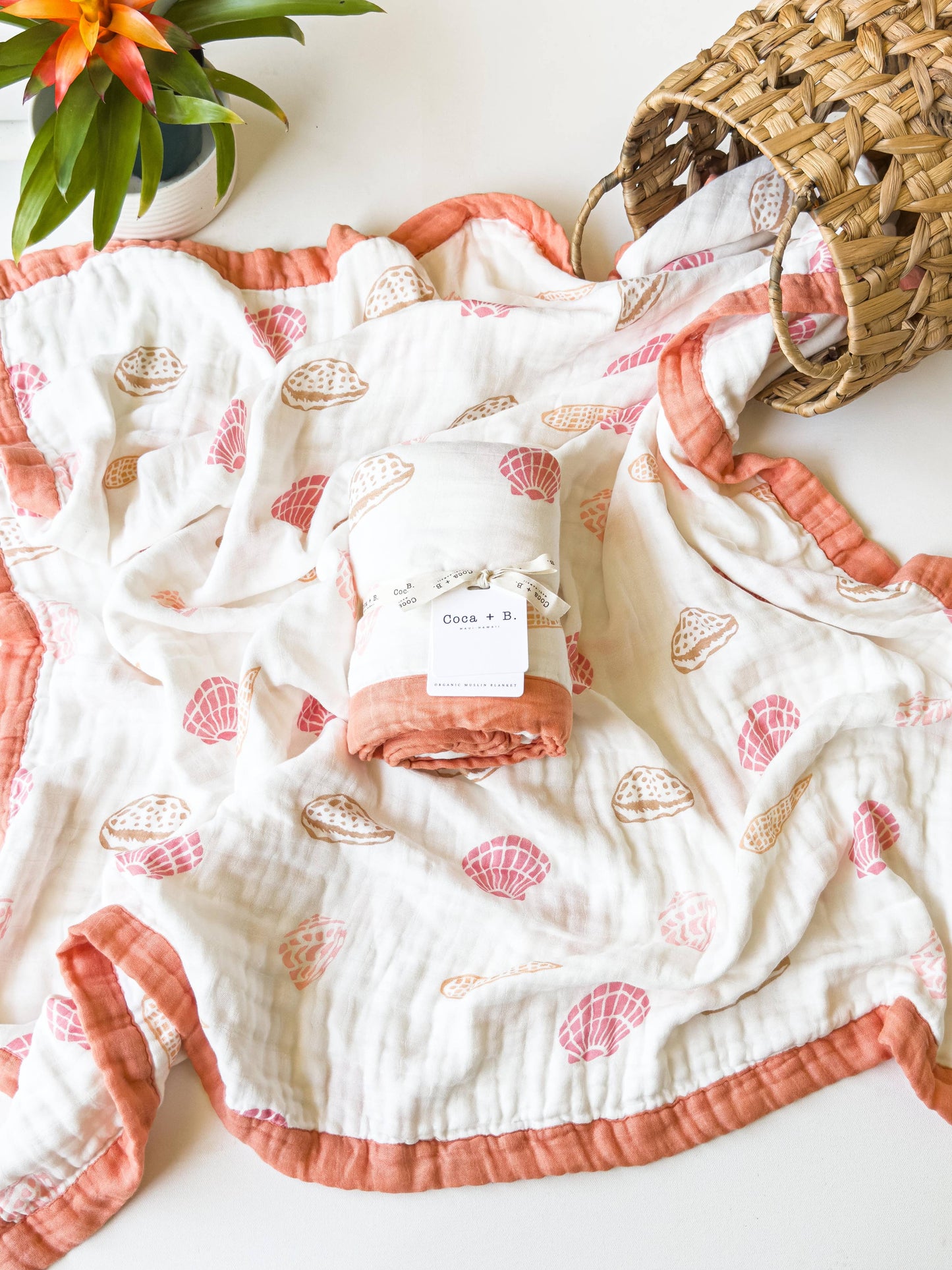 Coca + B Boho Beach Seashell Print Organic Bamboo Muslin Blanket